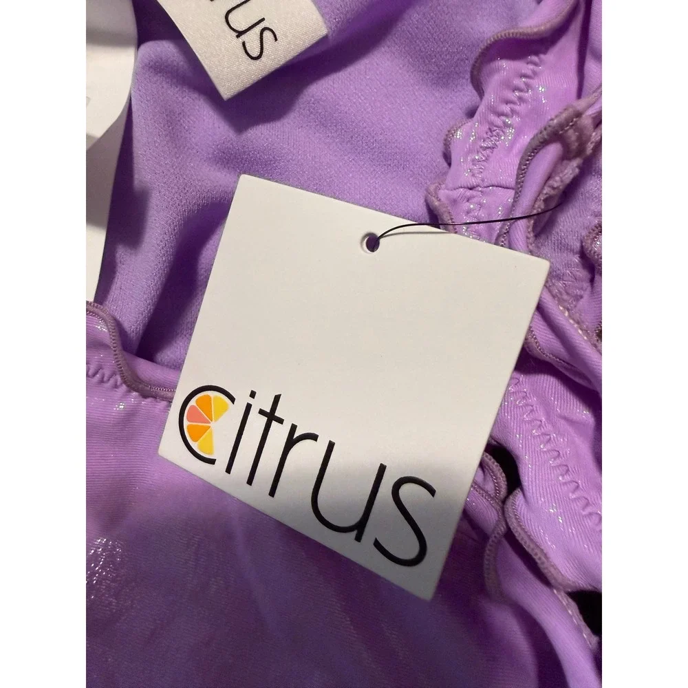 Citrus Purple Metallic Ruffle Ruched Back Bikini Bottom UPF 50+ Womens Large
